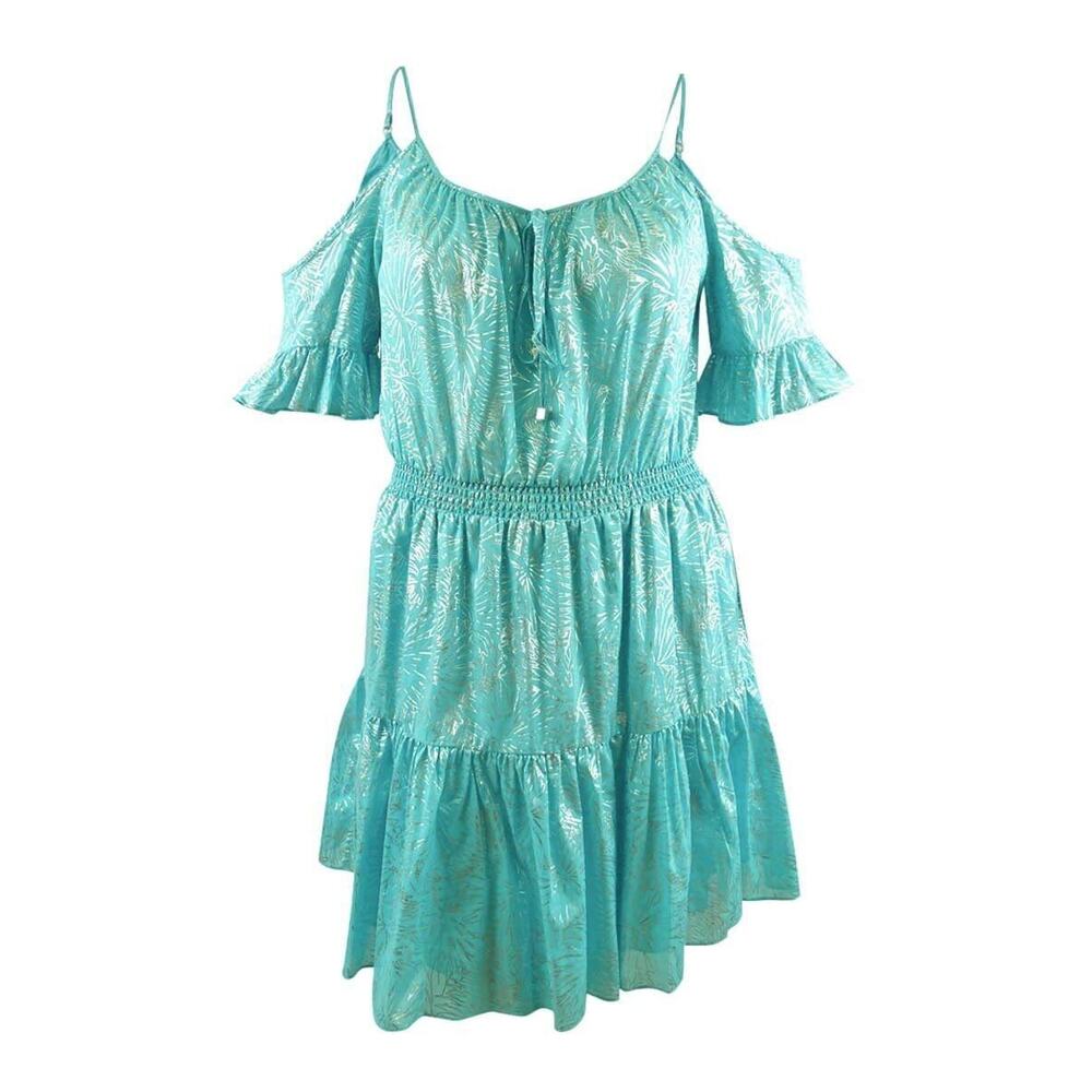 MICHAEL Michael Kors Turquoise Cold-Shoulder Tiered Mini Dress